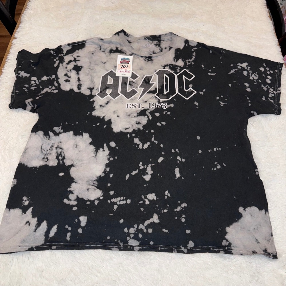 AC/DC Graphic T-Shirt Mens Large Black Bleach Tie Dye Est 1973 Band Tee